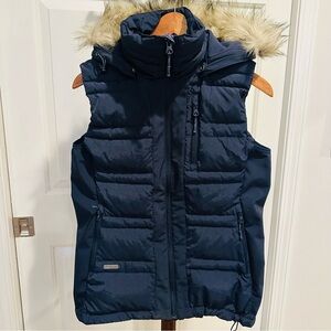 Bergans of Norway Women Navy Down Vest with Removable Faux Fur Hood
